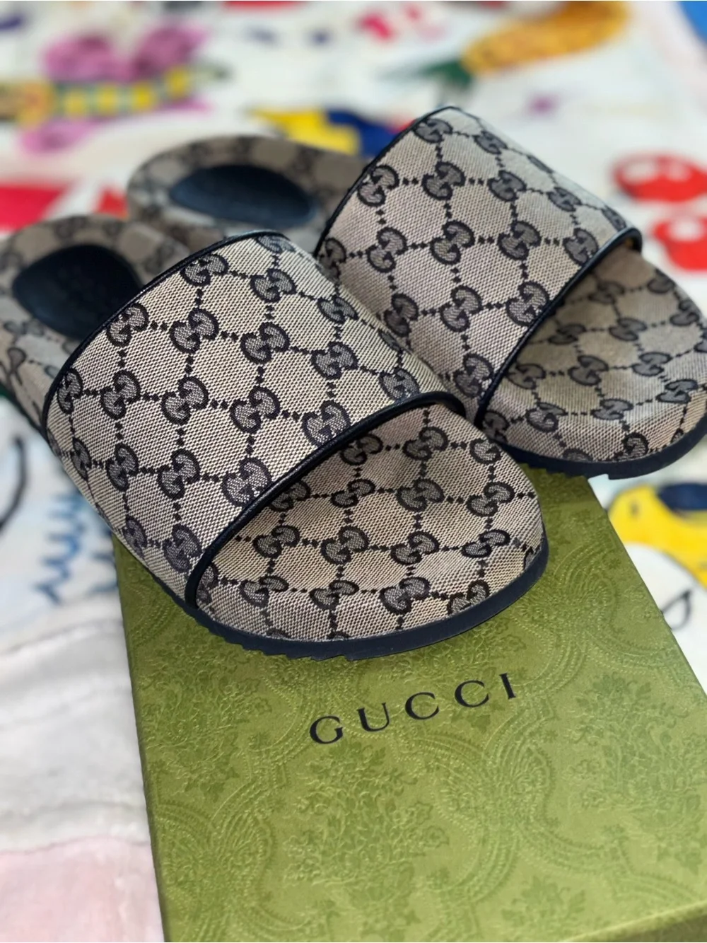 Gucci GG Supreme Canvas Slide Sandals in Beige & Brown